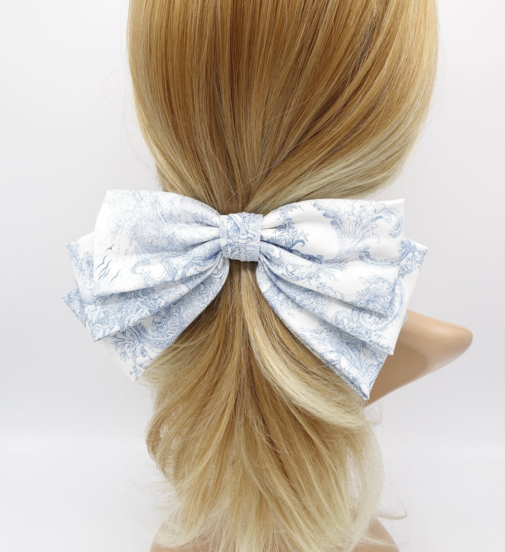 veryshine.com Barrette (Bow) Blue satin hair bow, baroque print hair bow, layered hair bow