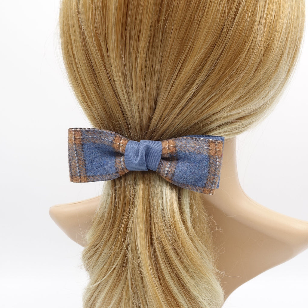 veryshine.com Barrette (Bow) Blue woolen hair bow, plaid check bow, Fall Winter hair bow for women