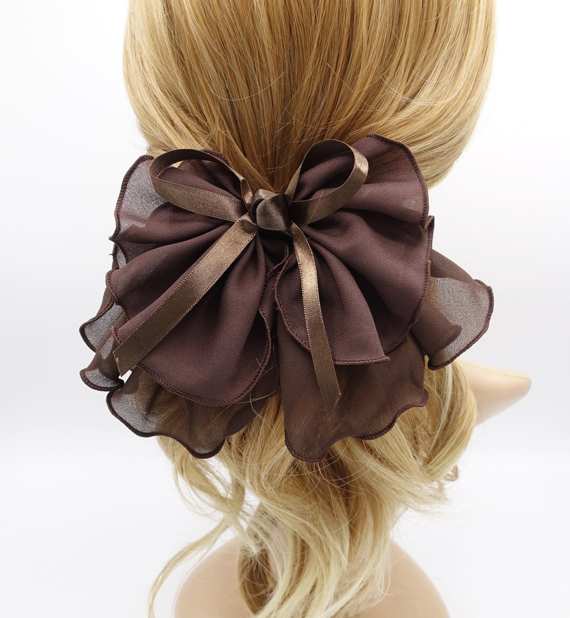 veryshine.com Barrette (Bow) Brown lettuce hem hair bow, chiffon hair bow, satin strap hair bow for women