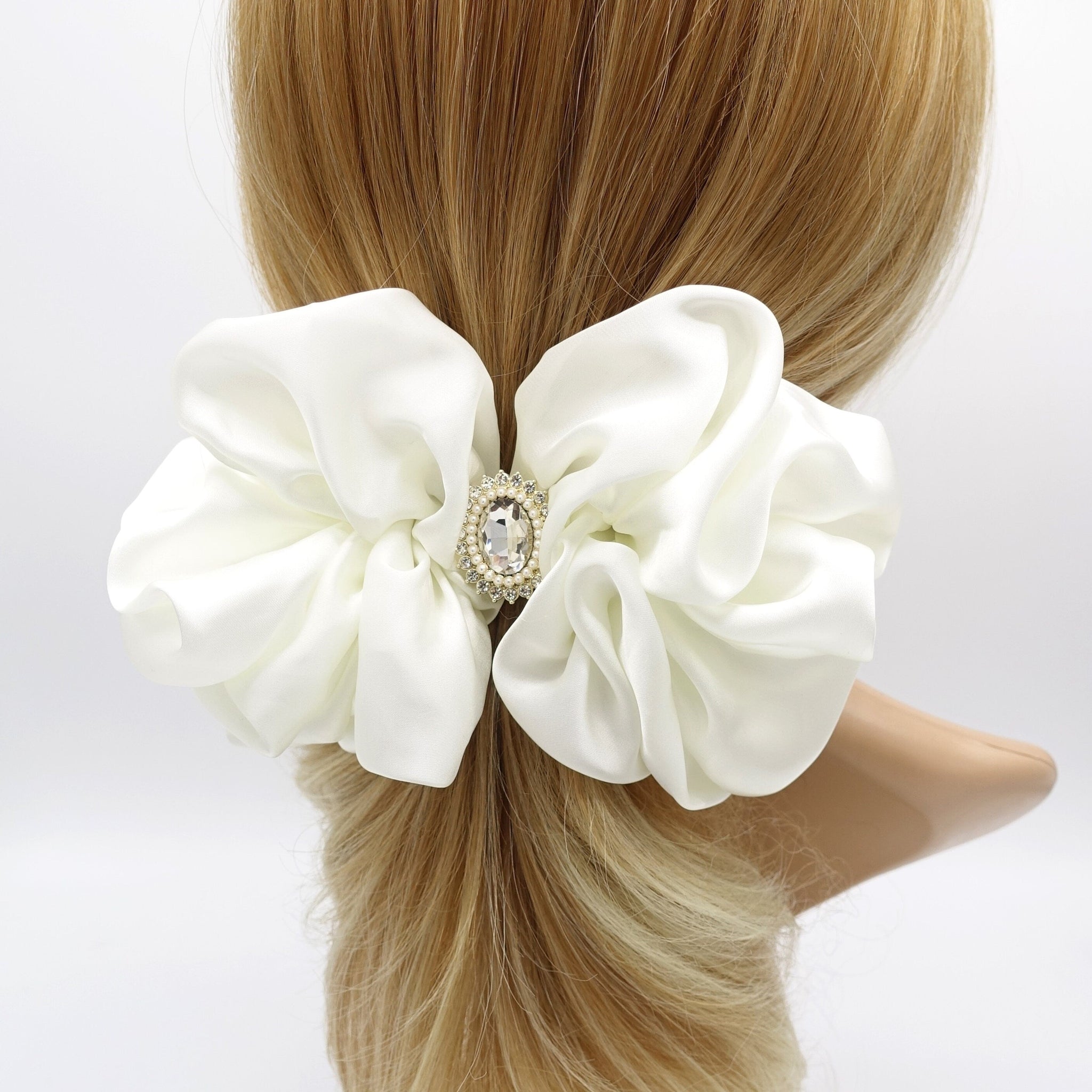 veryshine.com Barrette (Bow) Cream white satin ruffle hair barrette, rhinestone hair barrette for women