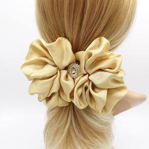 veryshine.com Barrette (Bow) Gold beige satin ruffle hair barrette, rhinestone hair barrette for women