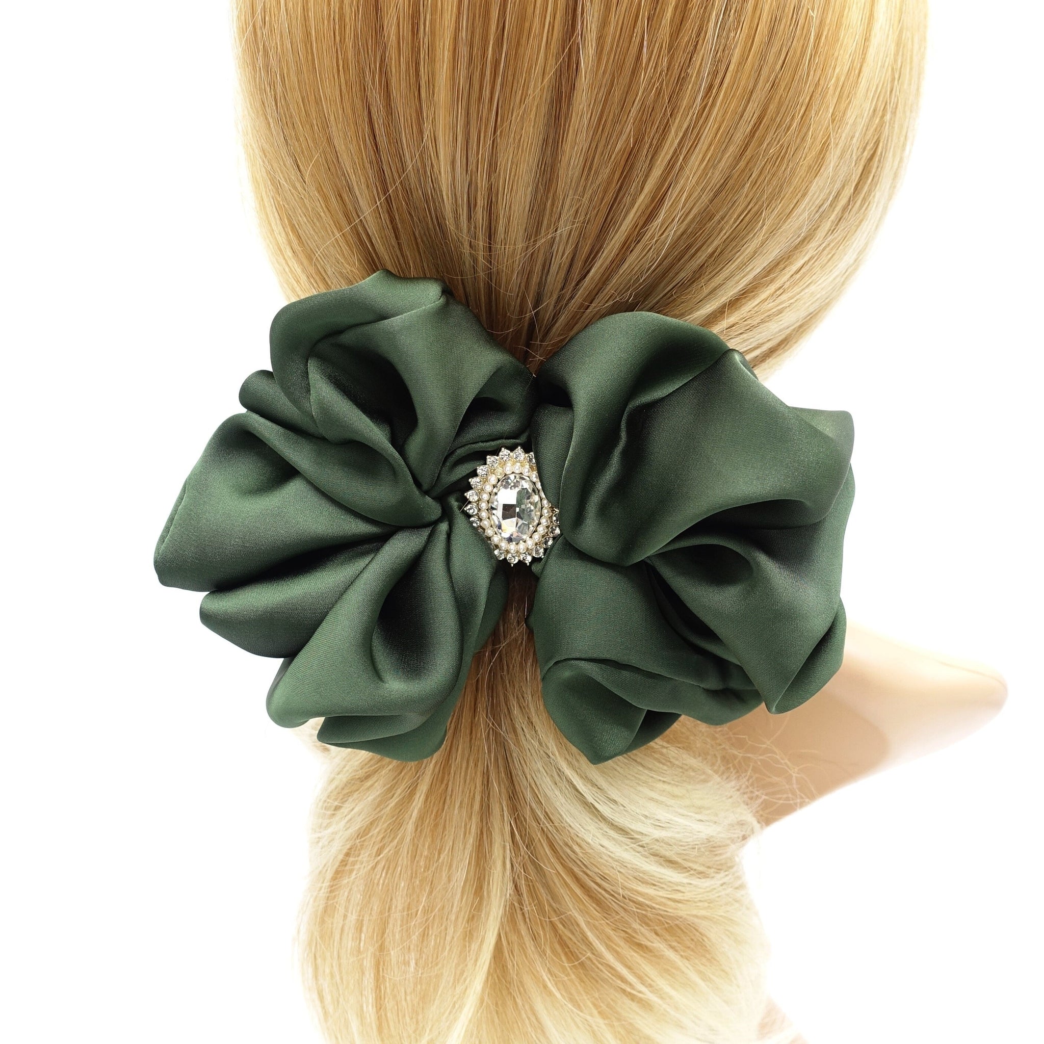 veryshine.com Barrette (Bow) Green satin ruffle hair barrette, rhinestone hair barrette for women