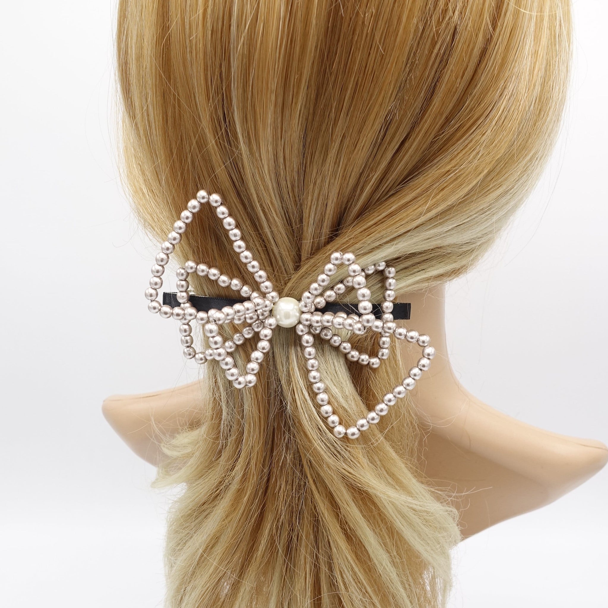 veryshine.com Barrette (Bow) Mocca beige triple pearl bow barrette for women