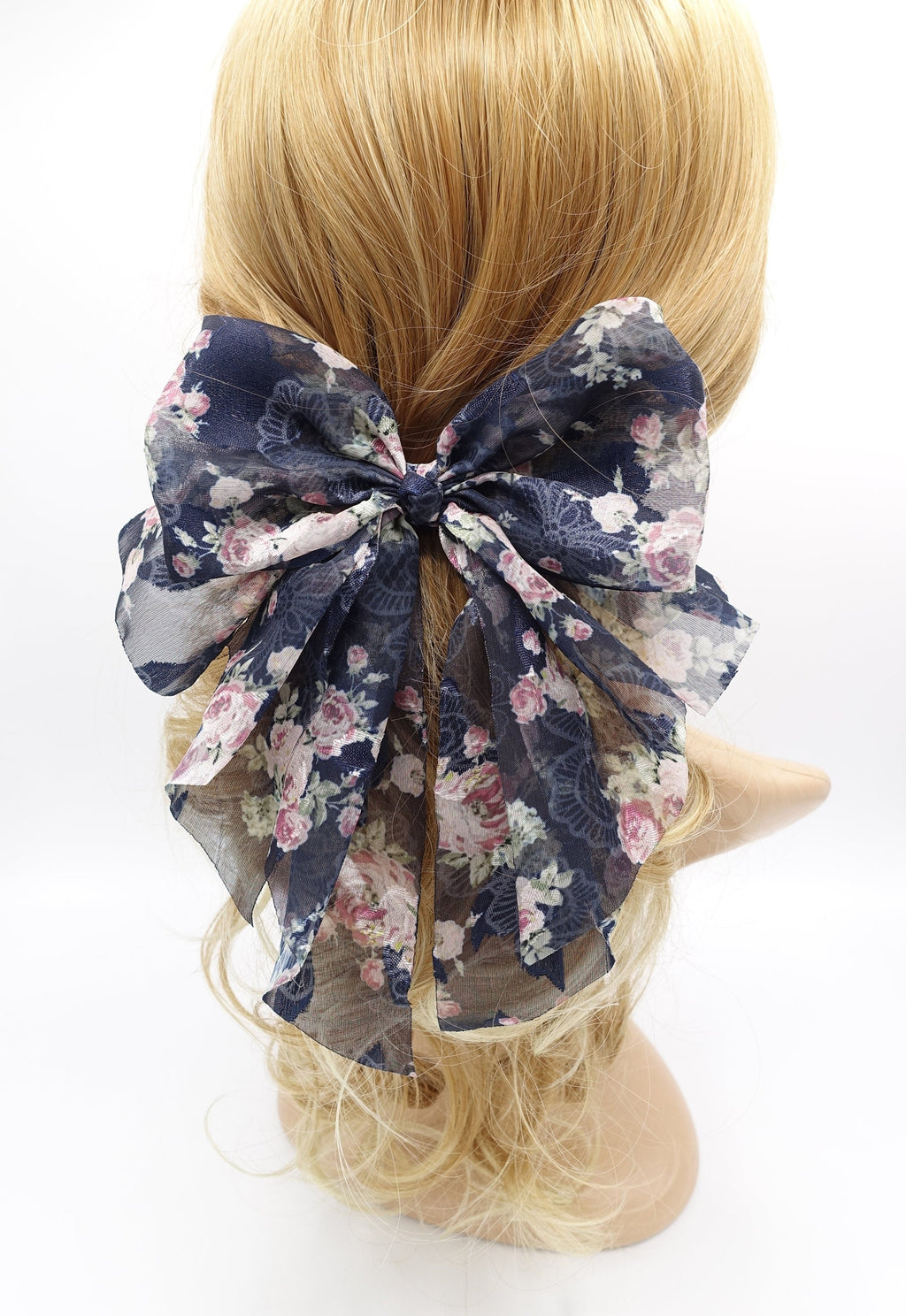 veryshine.com Barrette (Bow) Navy floral hair bow, silk print hair bow, chiffon hair bow for women