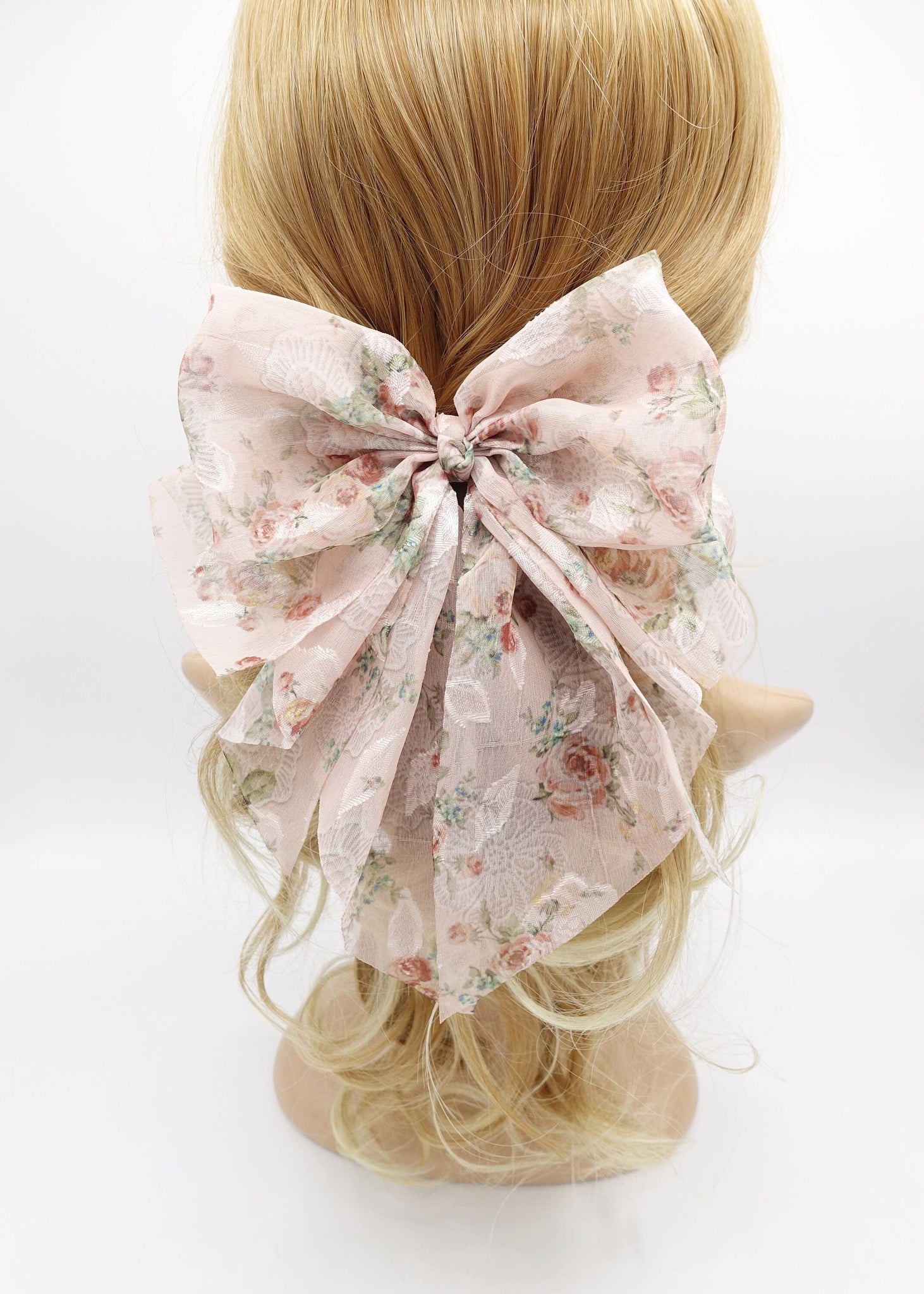 veryshine.com Barrette (Bow) Pink floral hair bow, silk print hair bow, chiffon hair bow for women