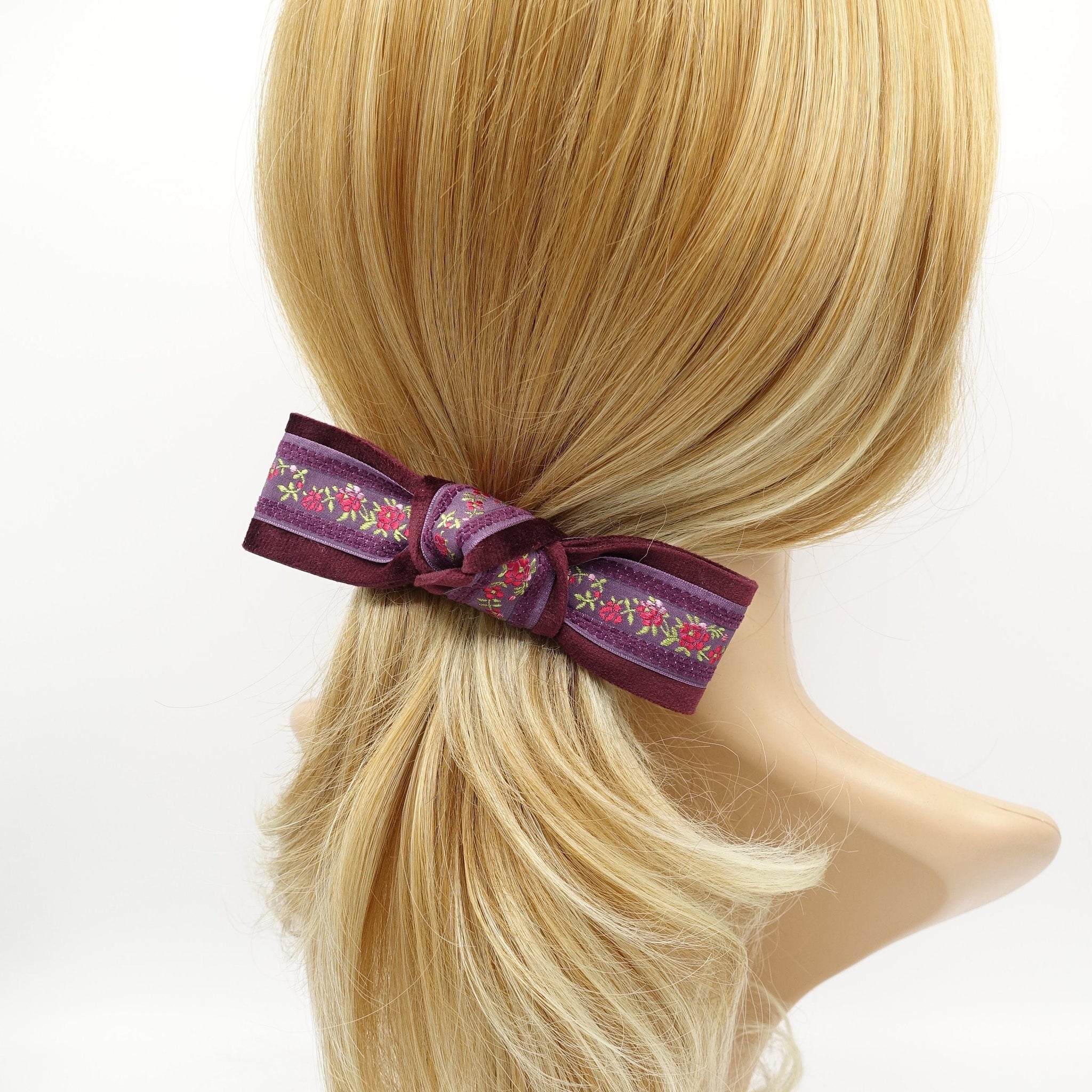 veryshine.com Barrettes & Clips Purple flower embroidery velvet layered knot hair bow luxury style hair accessory for women