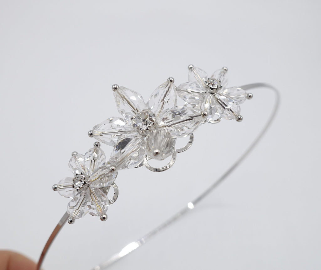 veryshine.com Bridal acc. Silver flower headband, glass flower headband, bridal headband, glass petal hair accessory for women