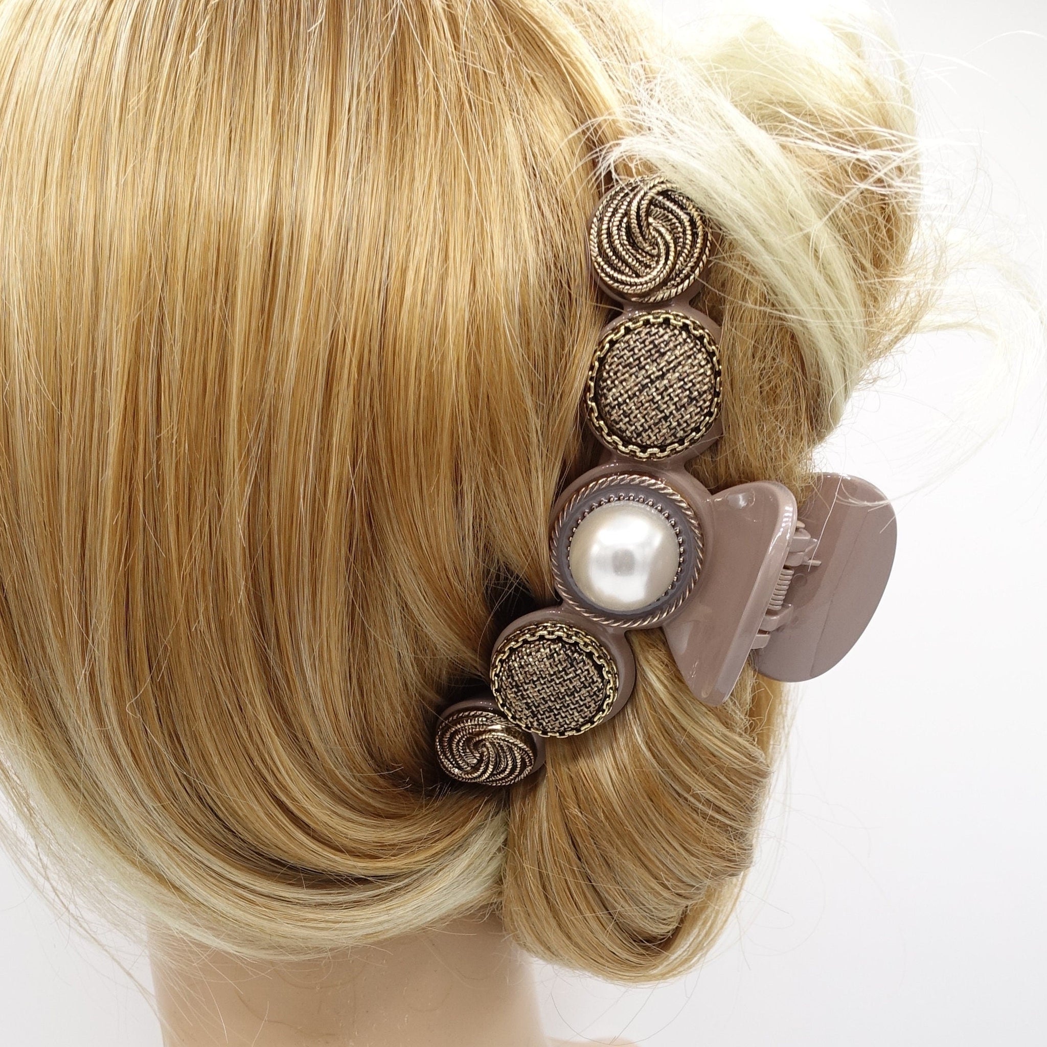 veryshine.com Hair Claw Mocca beige button hair claw, pearl hair claw, luxury style hair claw for women