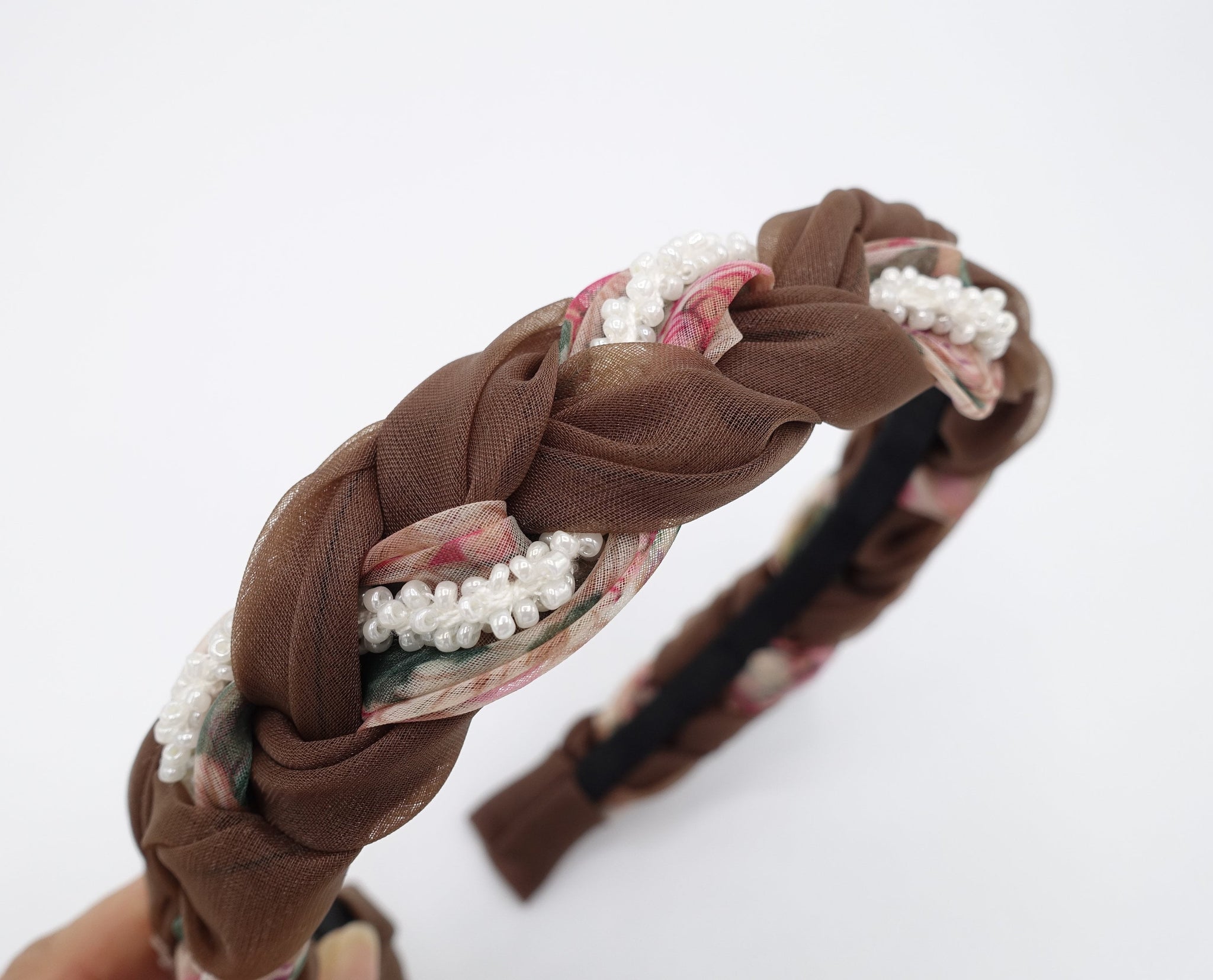 veryshine.com Headband Brown organza braided headband, floral braided headband, beads braided headband for women
