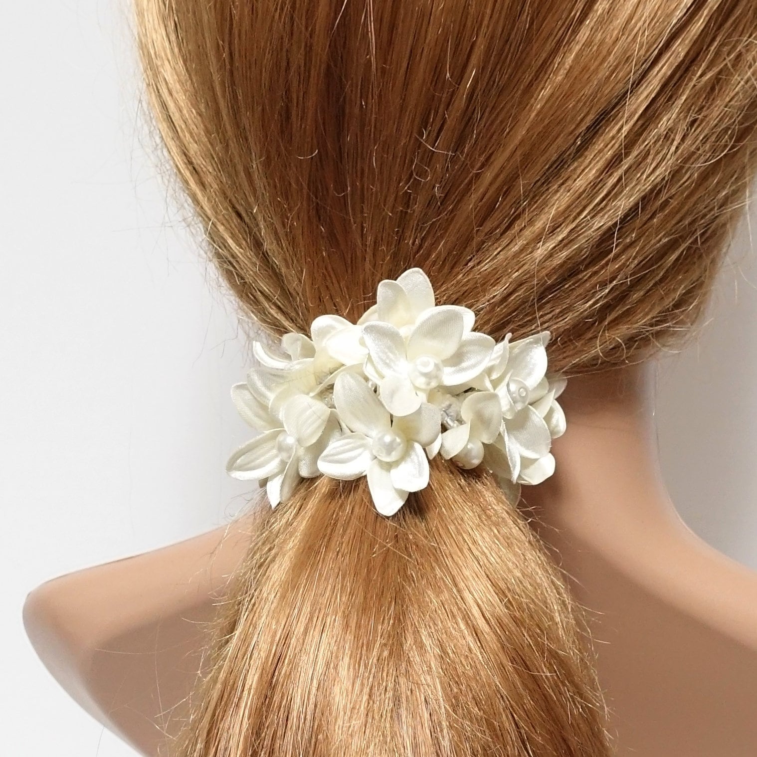 veryshine.com Ponytail holders Cream white pearl flower beaded hair elastic ponytail holder decorated elastic band hair tie scrunchies woman hair accessory
