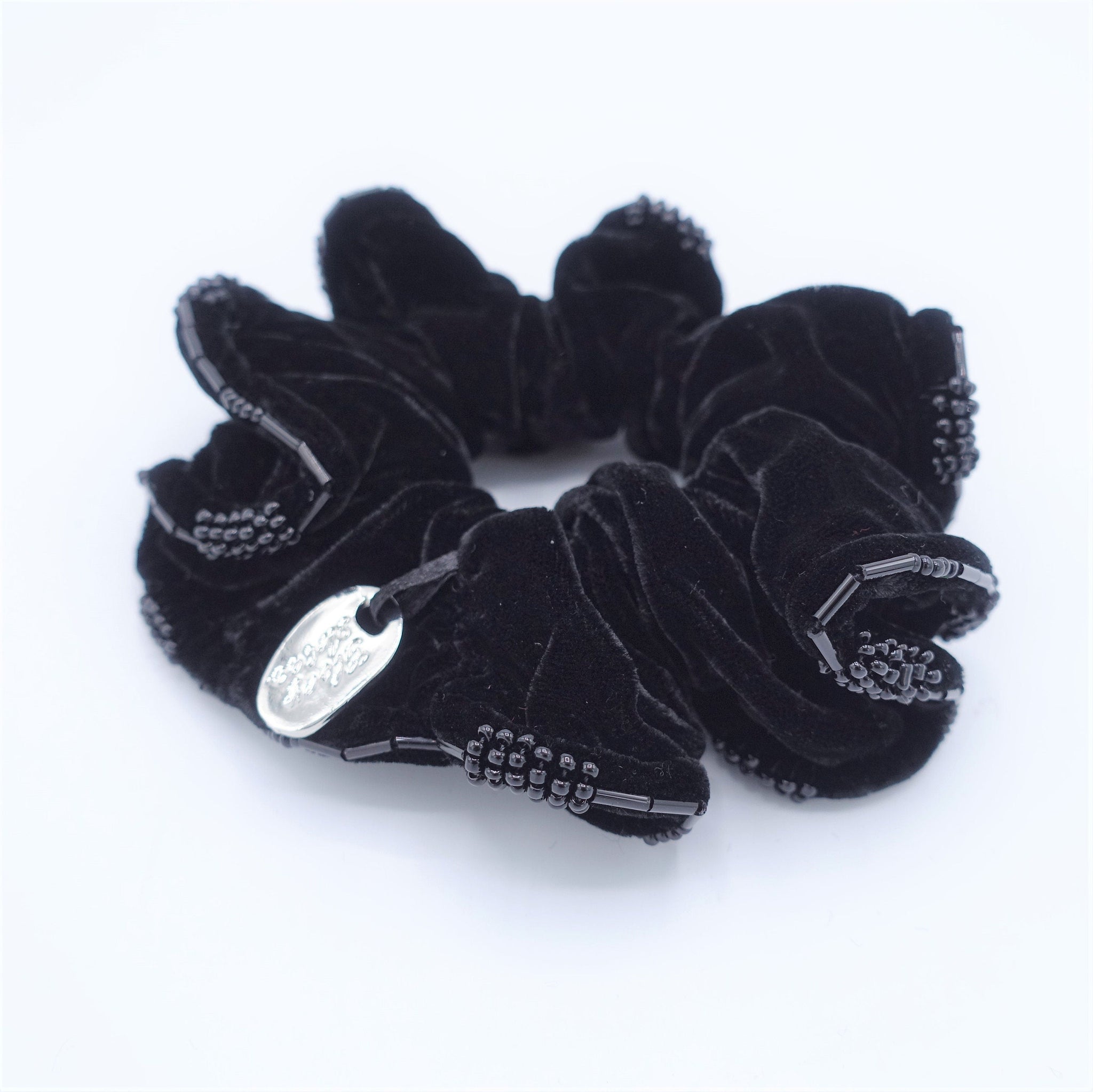 veryshine.com Scrunchies Black Trim Beaded Luxury velvet scrunchies Velvet Black Scrunchies for Women Hair Accessories Elastic Hair Ties
