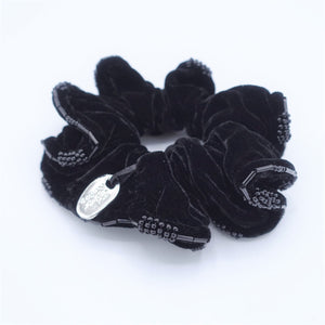veryshine.com scrunchies/hair holder Black Beaded Trim Luxury Silk Velvet Hair Elastic Black Scrunchies