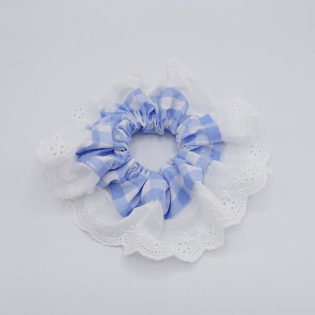 veryshine.com Scrunchies Sky blue gingham scrunchies, eyelet lace scrunchies, cotton hair tie for women