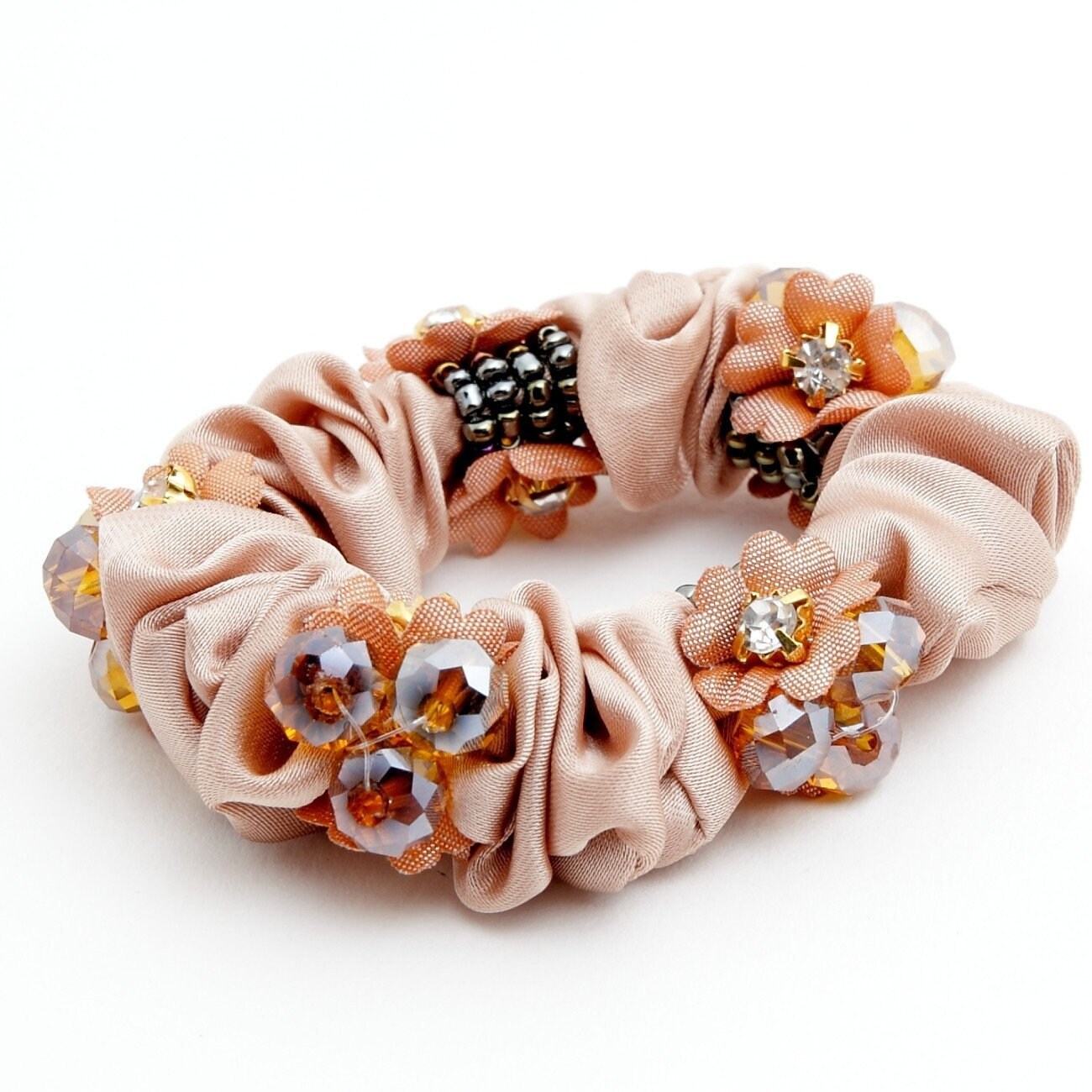 "Handmade" scrunchies/hair holder Beige Acrylic Rhinestone Flower  Dazzling Ornament  Satin Ponytail Holder Scrunchies