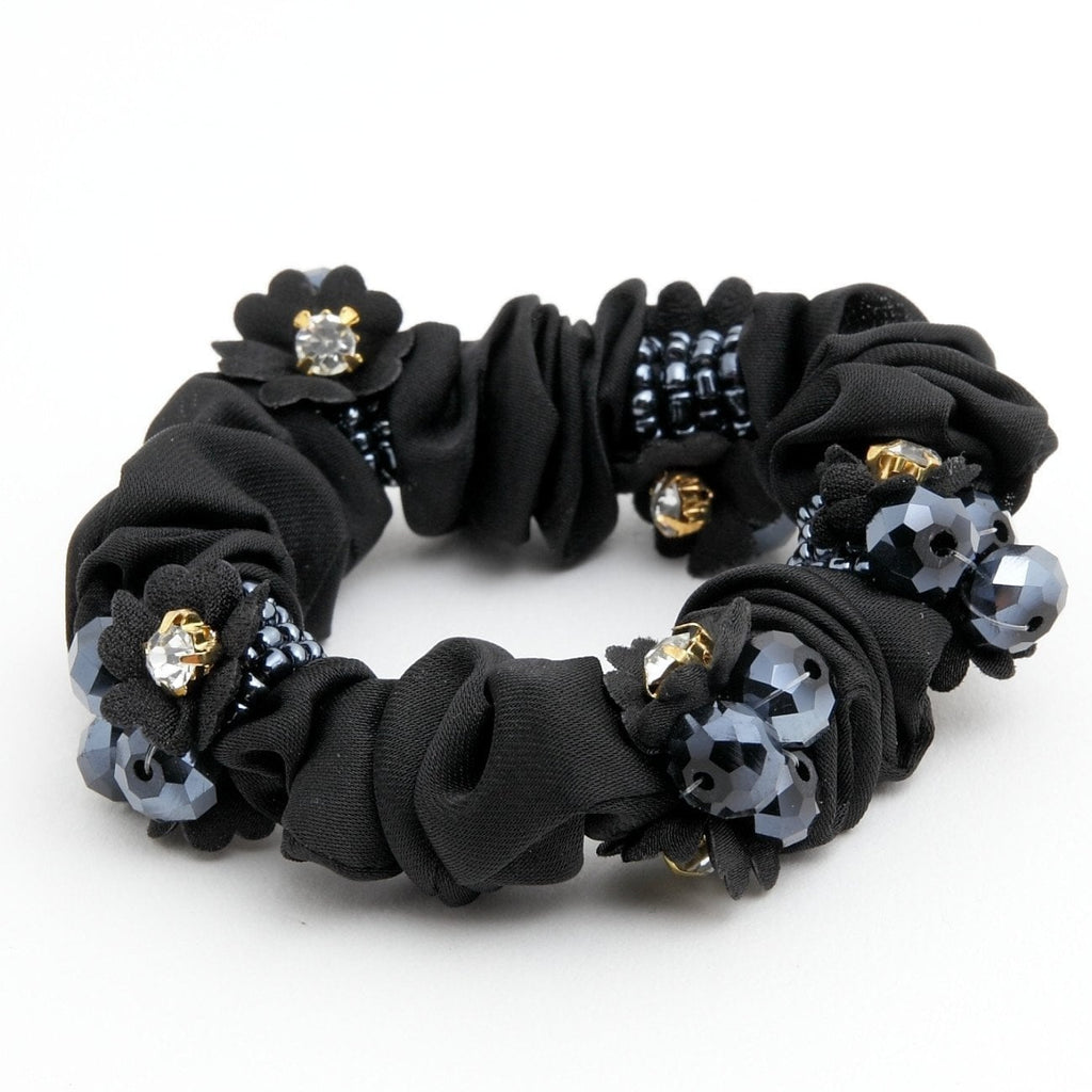 "Handmade" scrunchies/hair holder Black Acrylic Rhinestone Flower  Dazzling Ornament  Satin Ponytail Holder Scrunchies