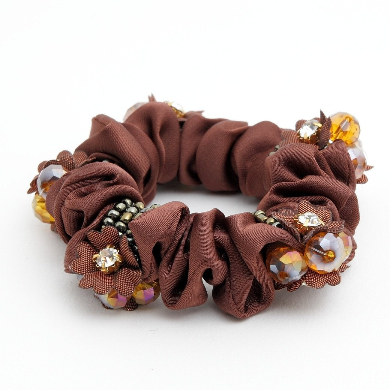 "Handmade" scrunchies/hair holder Brown Acrylic Rhinestone Flower  Dazzling Ornament  Satin Ponytail Holder Scrunchies