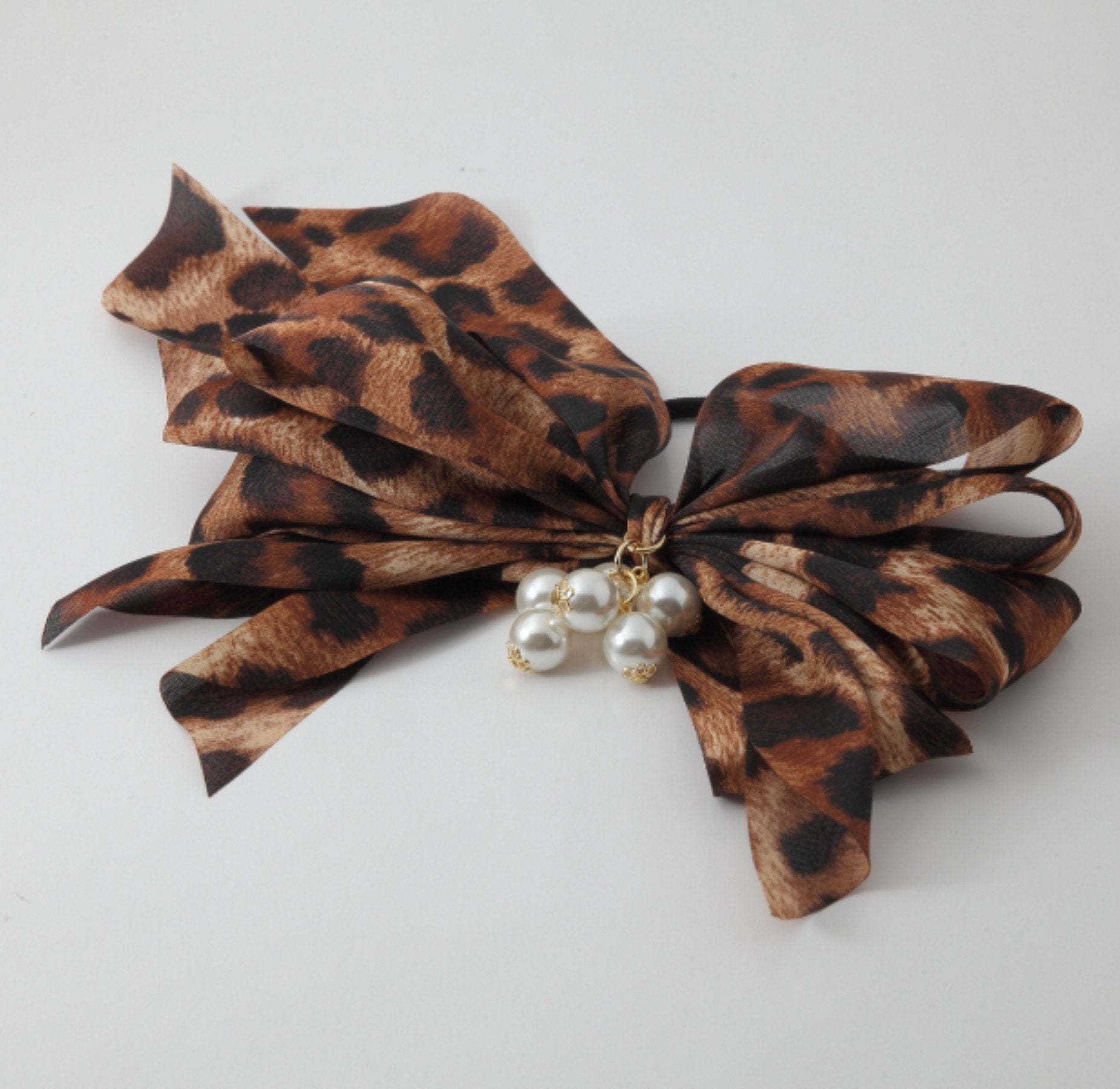 "Handmade" scrunchies/hair holder Leopard Handmade Chiffon Multi Wing Bow Pearl Ornamented Elastic Ponytail Holder