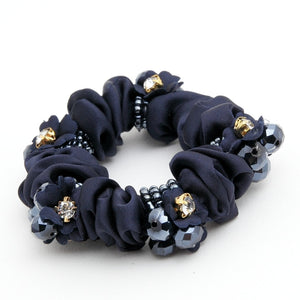 "Handmade" scrunchies/hair holder Navy Acrylic Rhinestone Flower  Dazzling Ornament  Satin Ponytail Holder Scrunchies