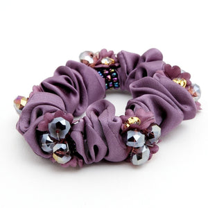 "Handmade" scrunchies/hair holder Purple Acrylic Rhinestone Flower  Dazzling Ornament  Satin Ponytail Holder Scrunchies
