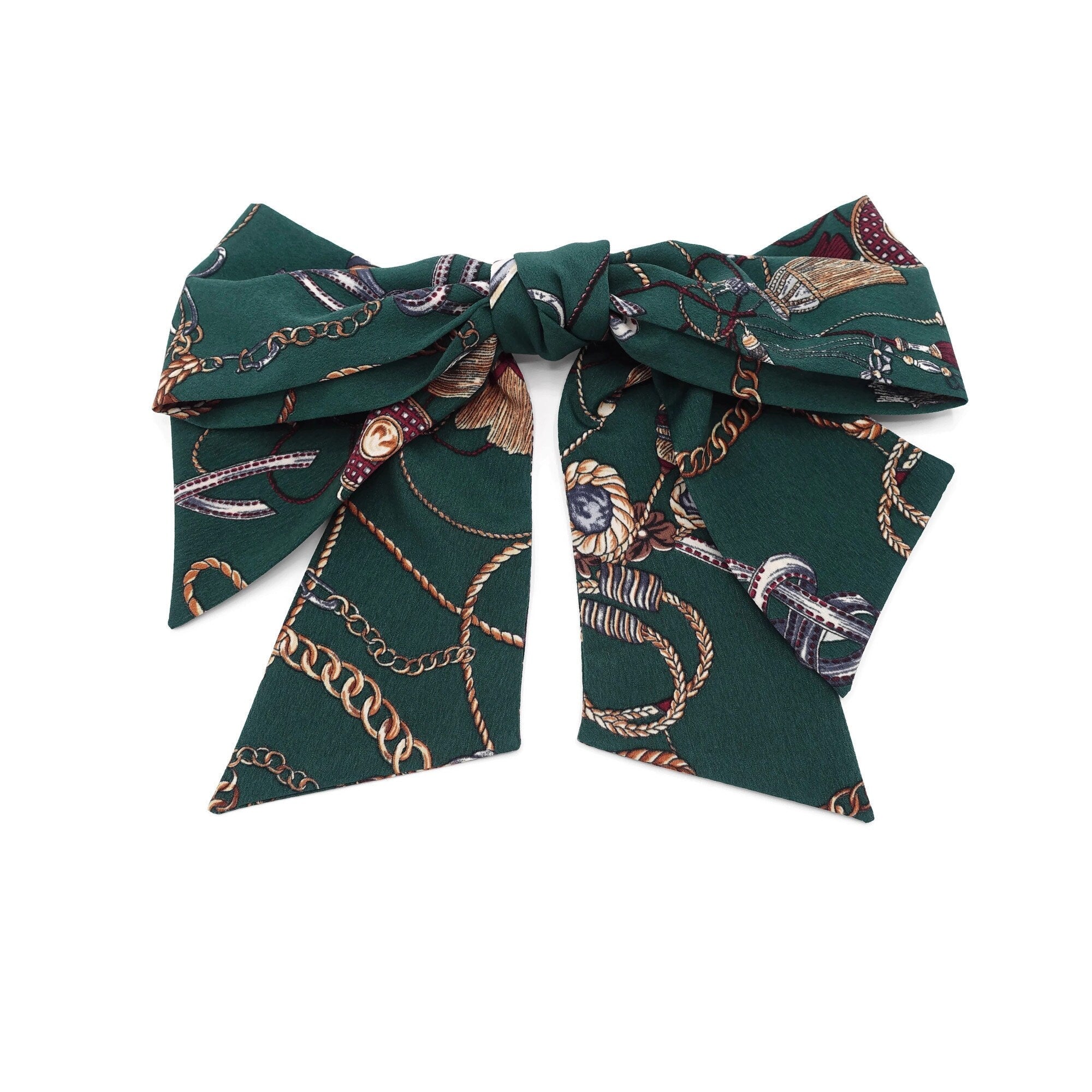 VeryShine Barrette (Bow) Green tassel chain print  layered droopy tail bow french barrette retro style women hair accessory