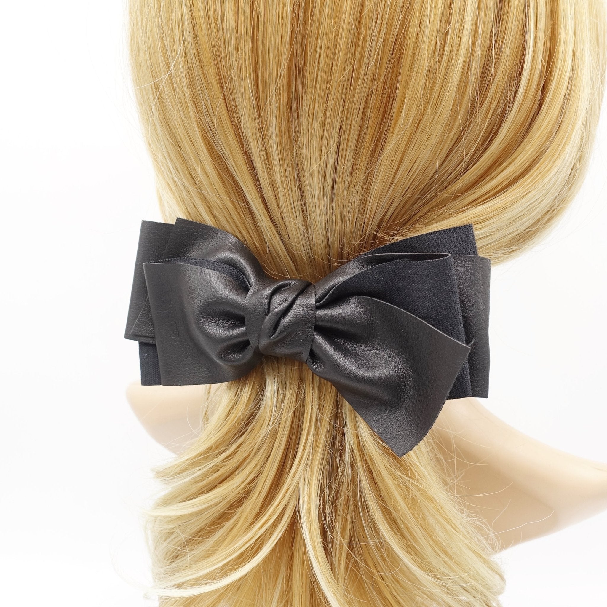 veryshine Barrettes & Clips Black leather hair bow multi layered stylish Fall Winter hair accessory for women