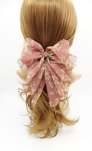 VeryShine Barrettes & Clips Blush pink flower print hair bow thin Sping new hair bow floral chiffon bow double layered tail bow hair barrette for women