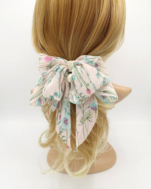 VeryShine Barrettes & Clips Blush pink thin flower print bow droopy tail blue floral pattern hair bow barrette