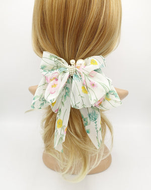 VeryShine Barrettes & Clips Cream white thin flower print bow droopy tail blue floral pattern hair bow barrette