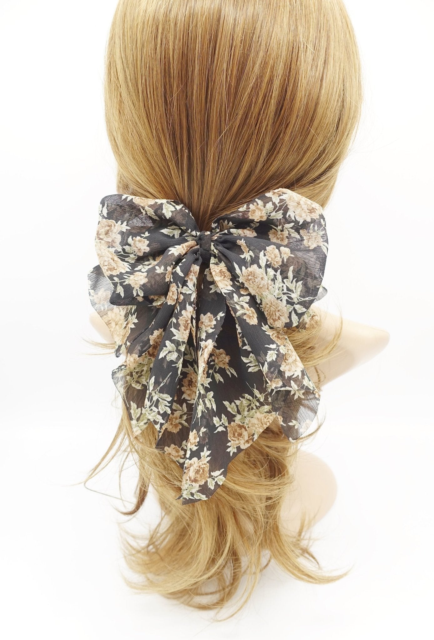 VeryShine Barrettes & Clips flower print hair bow thin Sping new hair bow floral chiffon bow double layered tail bow hair barrette for women
