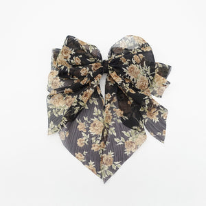 VeryShine Barrettes & Clips Navy flower print hair bow thin Sping new hair bow floral chiffon bow double layered tail bow hair barrette for women