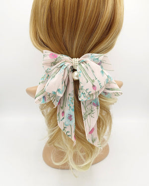VeryShine Barrettes & Clips thin flower print bow droopy tail blue floral pattern hair bow barrette