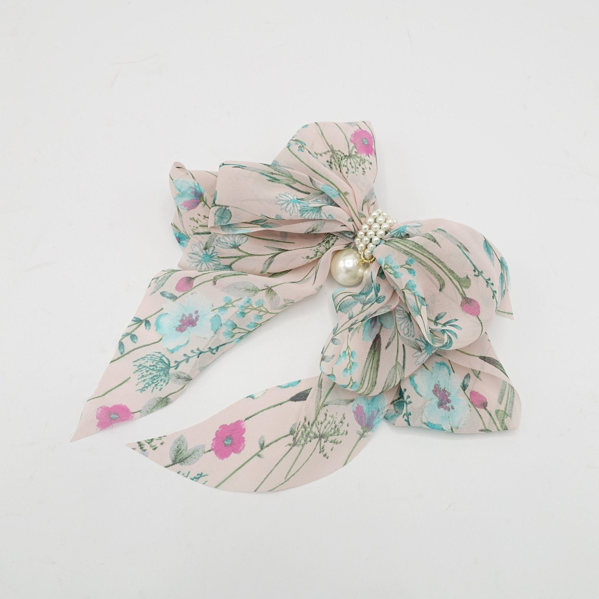 VeryShine Barrettes & Clips thin flower print bow droopy tail blue floral pattern hair bow barrette