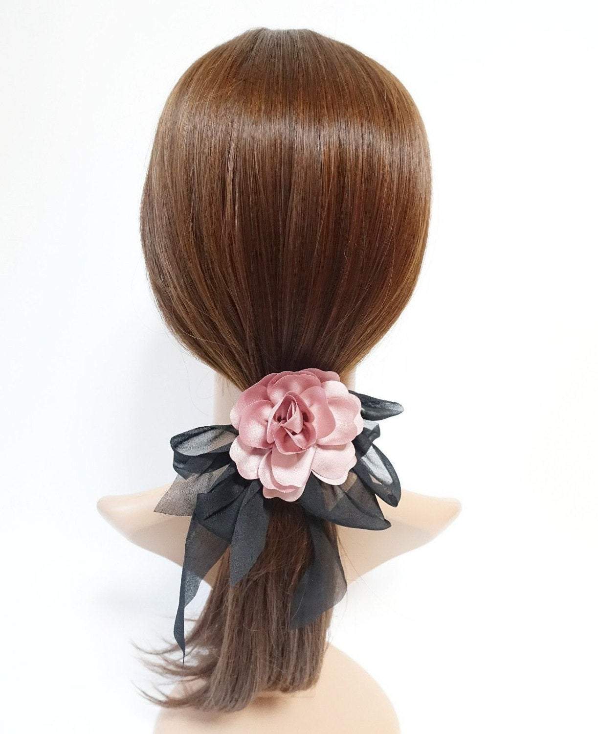 VeryShine Black Chiffon Bow Flower Hair Elastics Ponytail Holder Women Hair Accessory