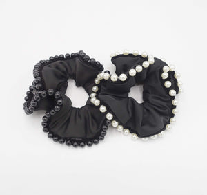 VeryShine black satin scrunchies sleek pearl ball trim embellished hair elastic scrunchy women hair accessories