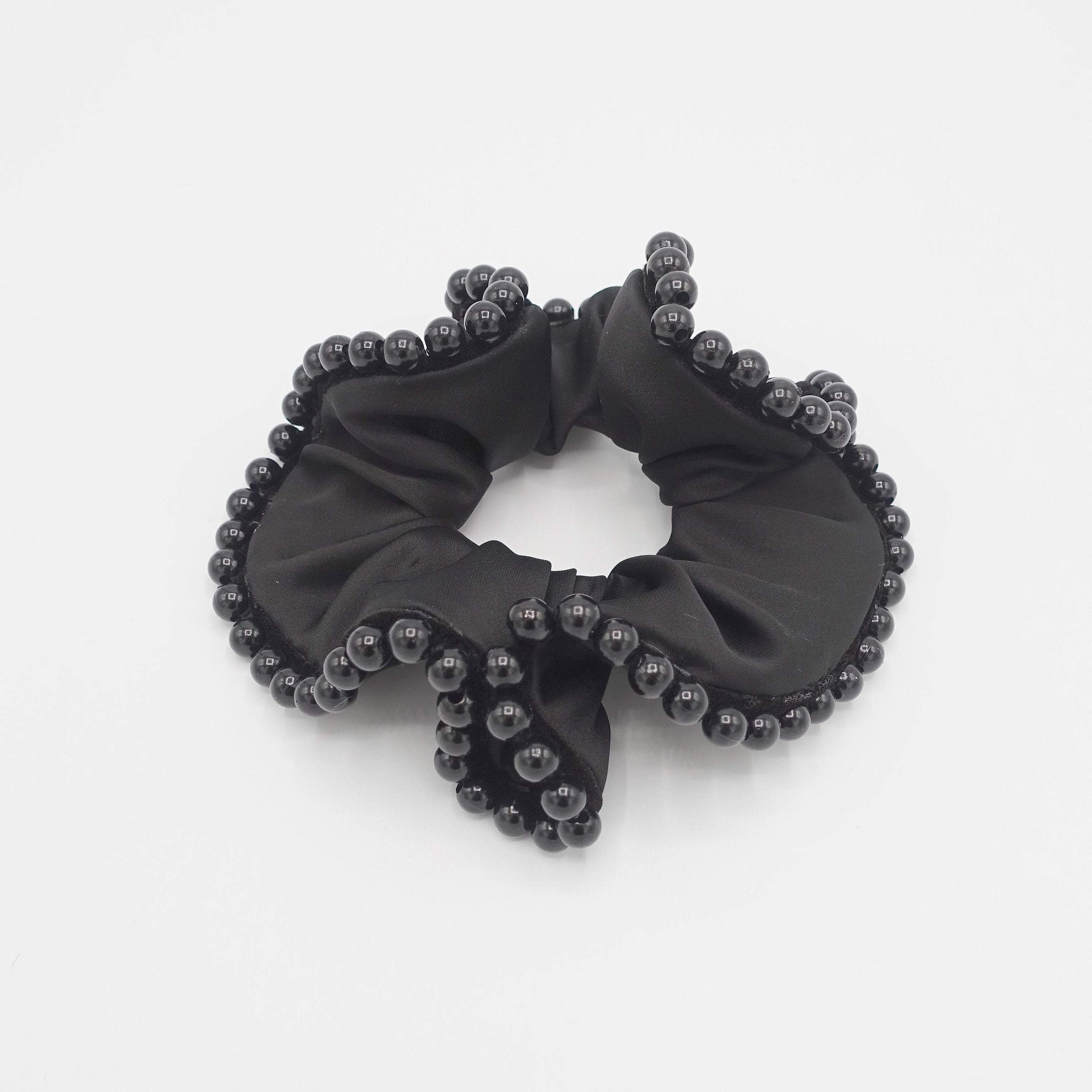 VeryShine black satin scrunchies sleek pearl ball trim embellished hair elastic scrunchy women hair accessories