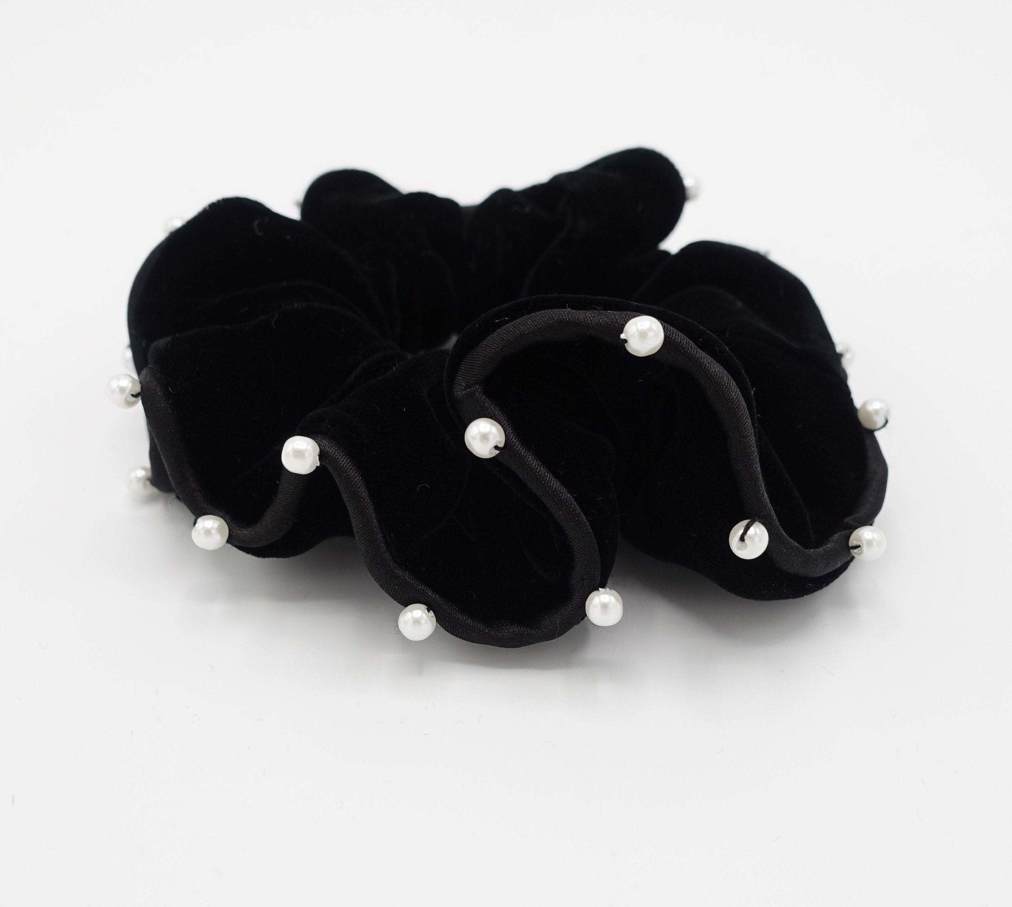 VeryShine black silk velvet scrunchies faux pearl embellished scrunchy women hair accessory