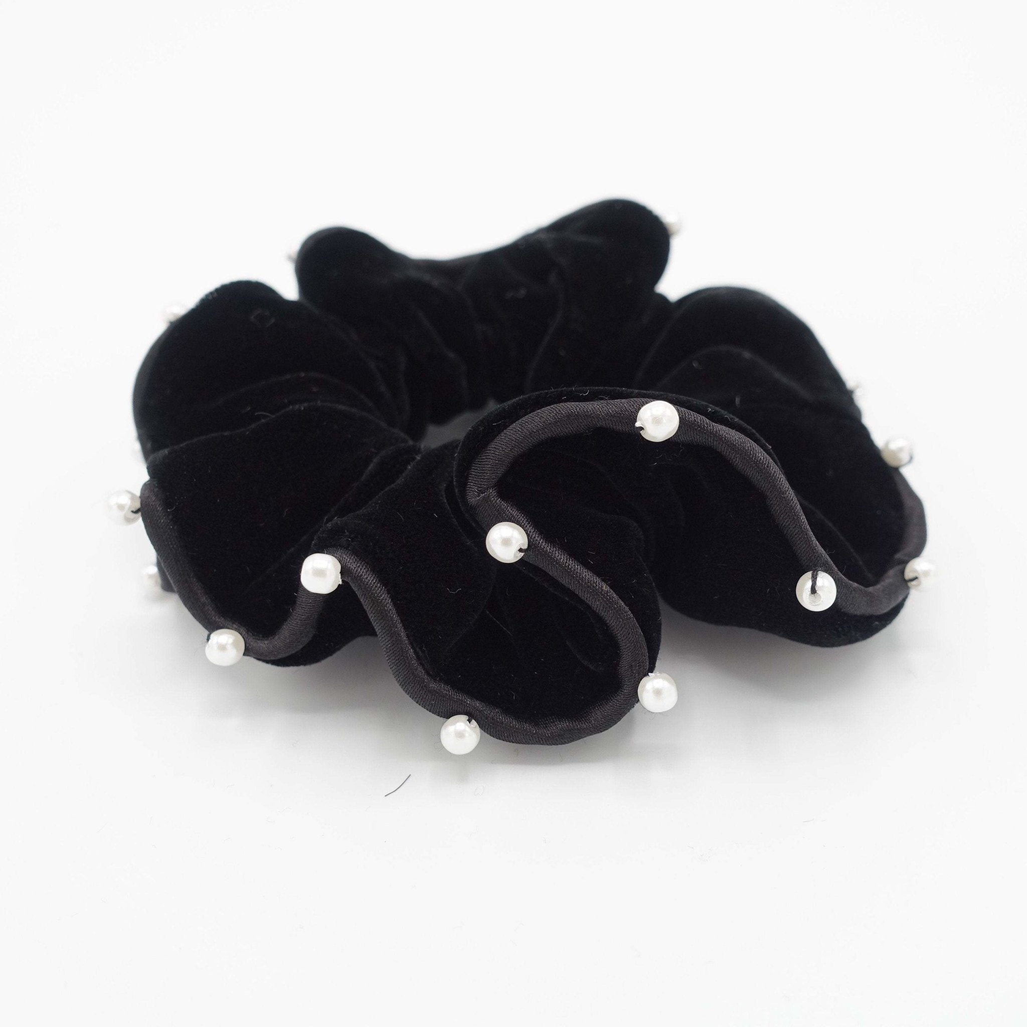 VeryShine black silk velvet scrunchies faux pearl embellished scrunchy women hair accessory