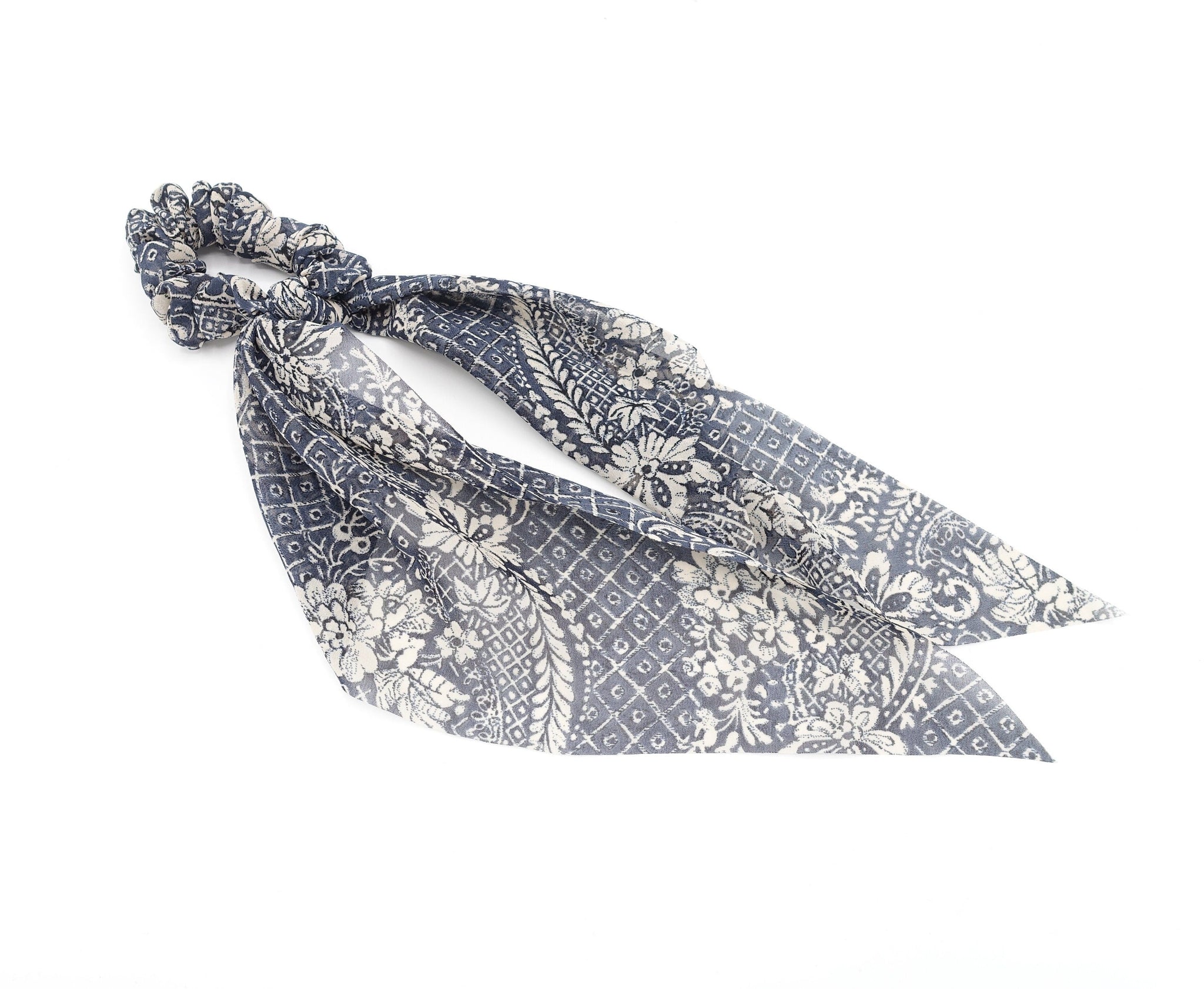 VeryShine Blue gray floral paisley print hair bow scrunchies long tail retro pattern scrunchie hair accessory