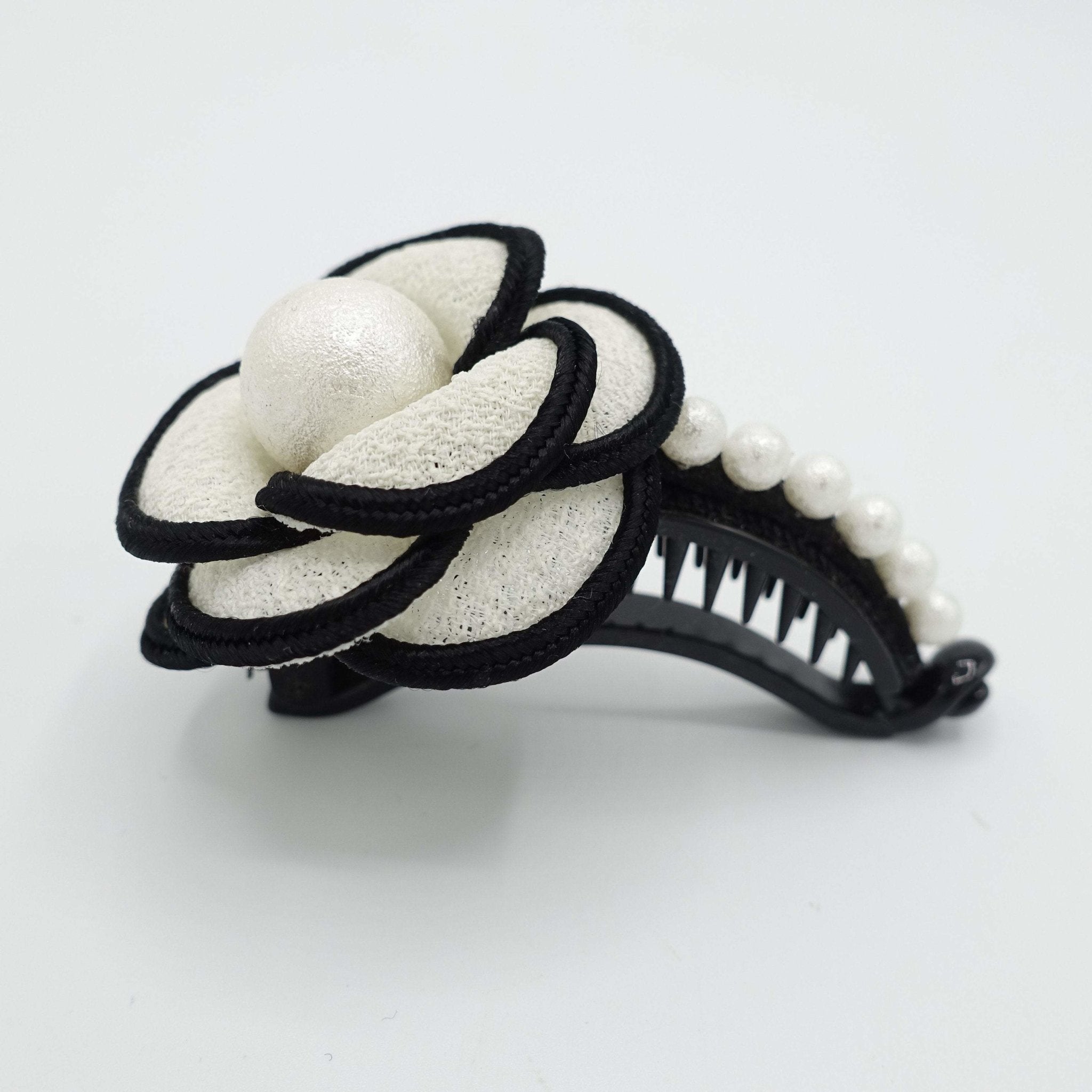 VeryShine camellia flower white pearl ball embellished half moon hair clip