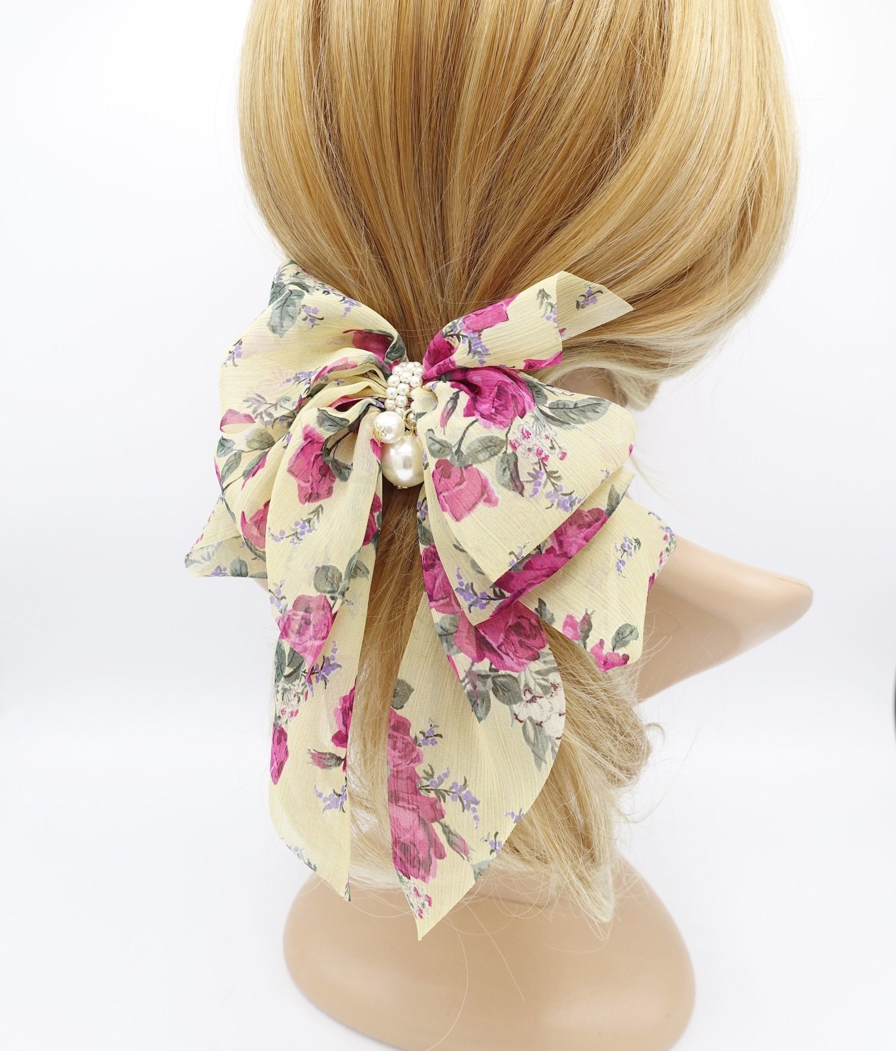 VeryShine chiffon floral hair bow pearl embellished hair accessory