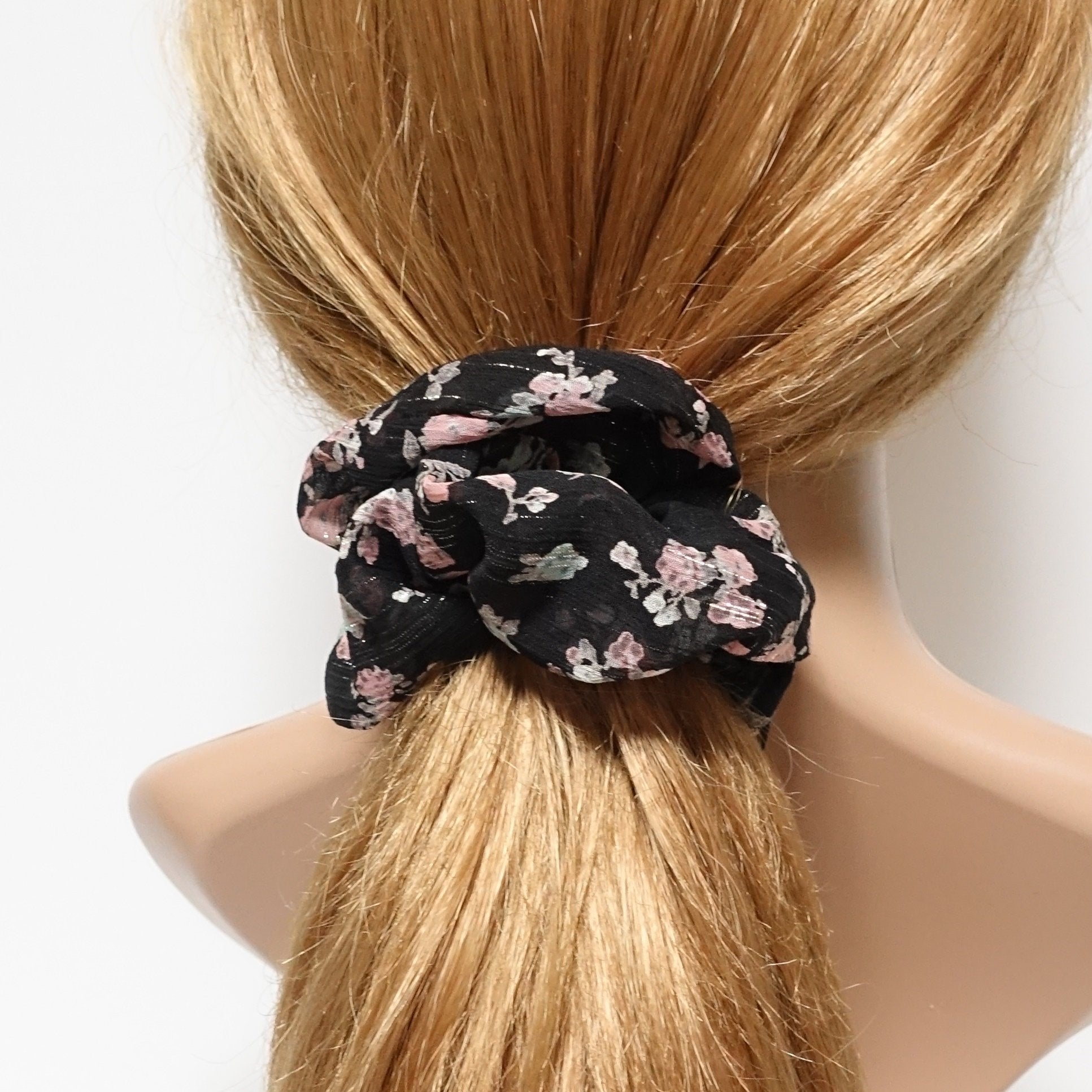 VeryShine chiffon floral print scrunchies glittering stripe hair scrunchy women hair accessories Spring Summer hair ties