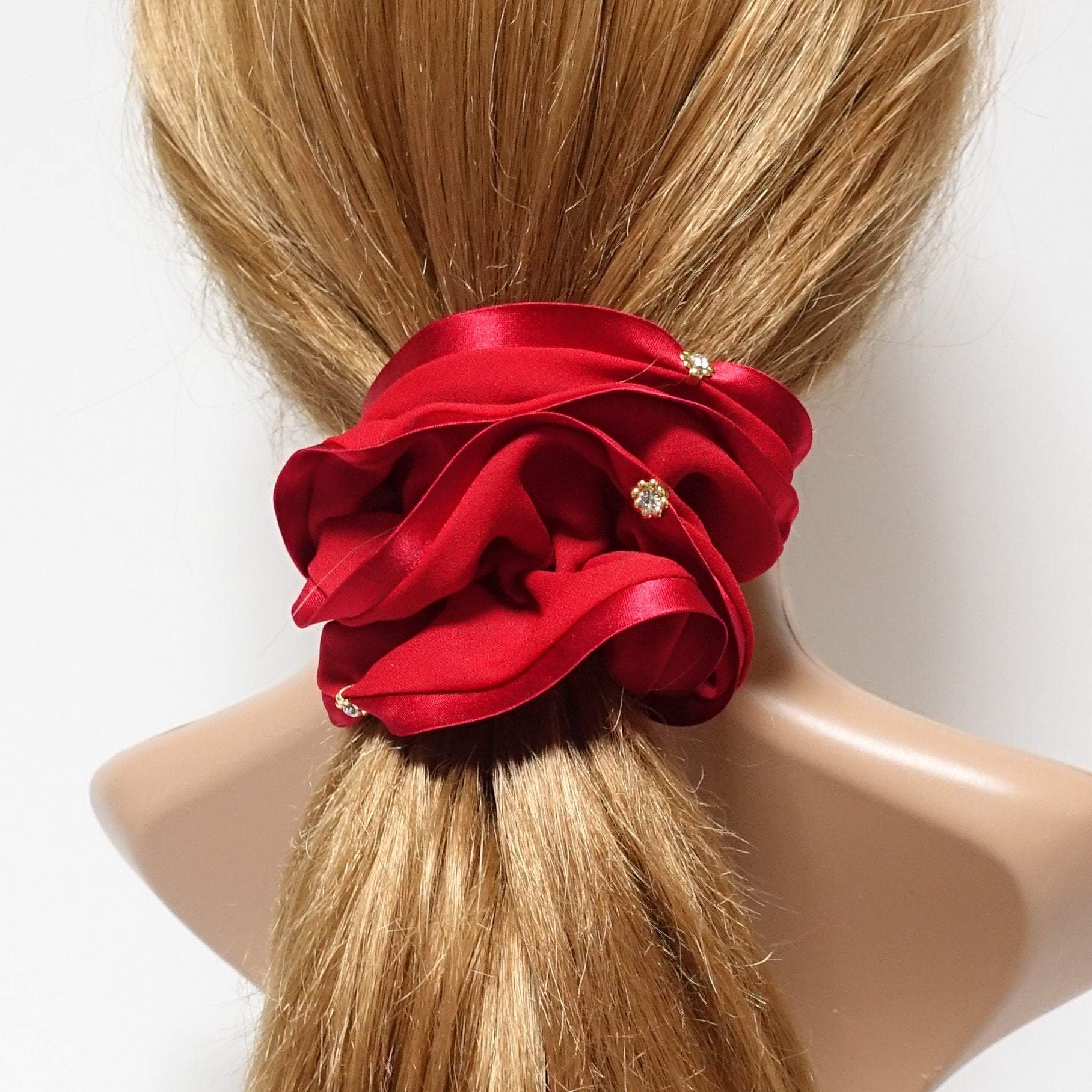 VeryShine chiffon scrunchies satin trim dazzling rhinestone decorated hair elastic scrunchy women hair accessory