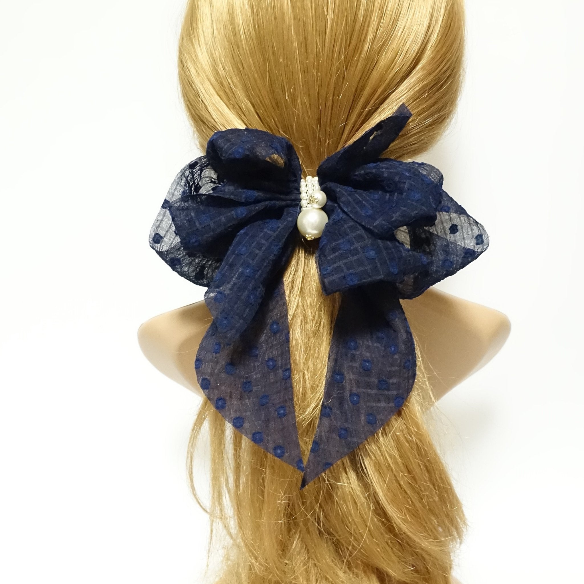 VeryShine chiffon vertical stripe dot pattern hair bow with long tail french barrette women hair accessory
