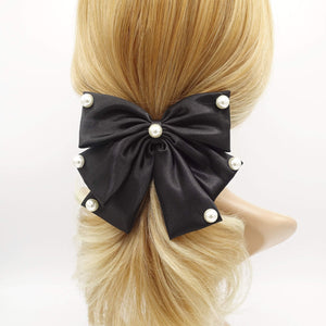 VeryShine claw/banana/barrette Black pearl embellished satin hair bow for women