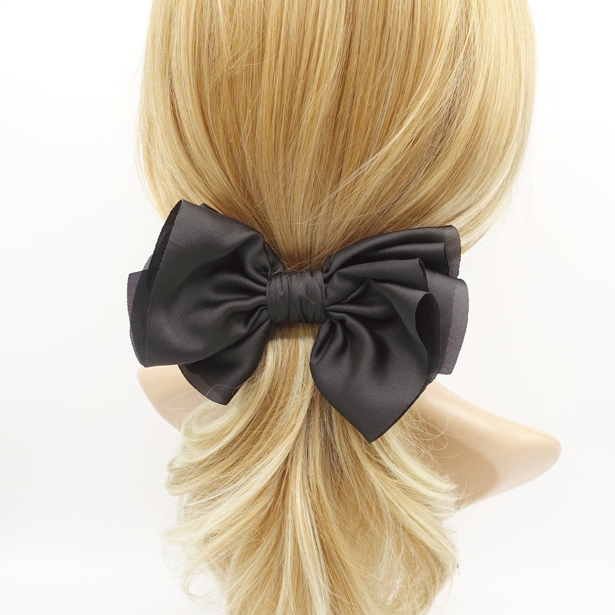 VeryShine claw/banana/barrette Black satin pleated hair bow multi-layered Spring Summer basic hair bow for women