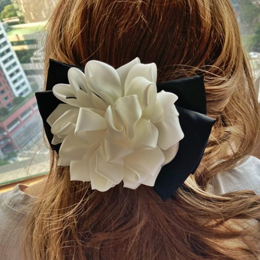 VeryShine claw/banana/barrette cream white flower black bow french barrette women hair accessory