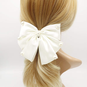 VeryShine claw/banana/barrette Cream white pearl embellished satin hair bow for women
