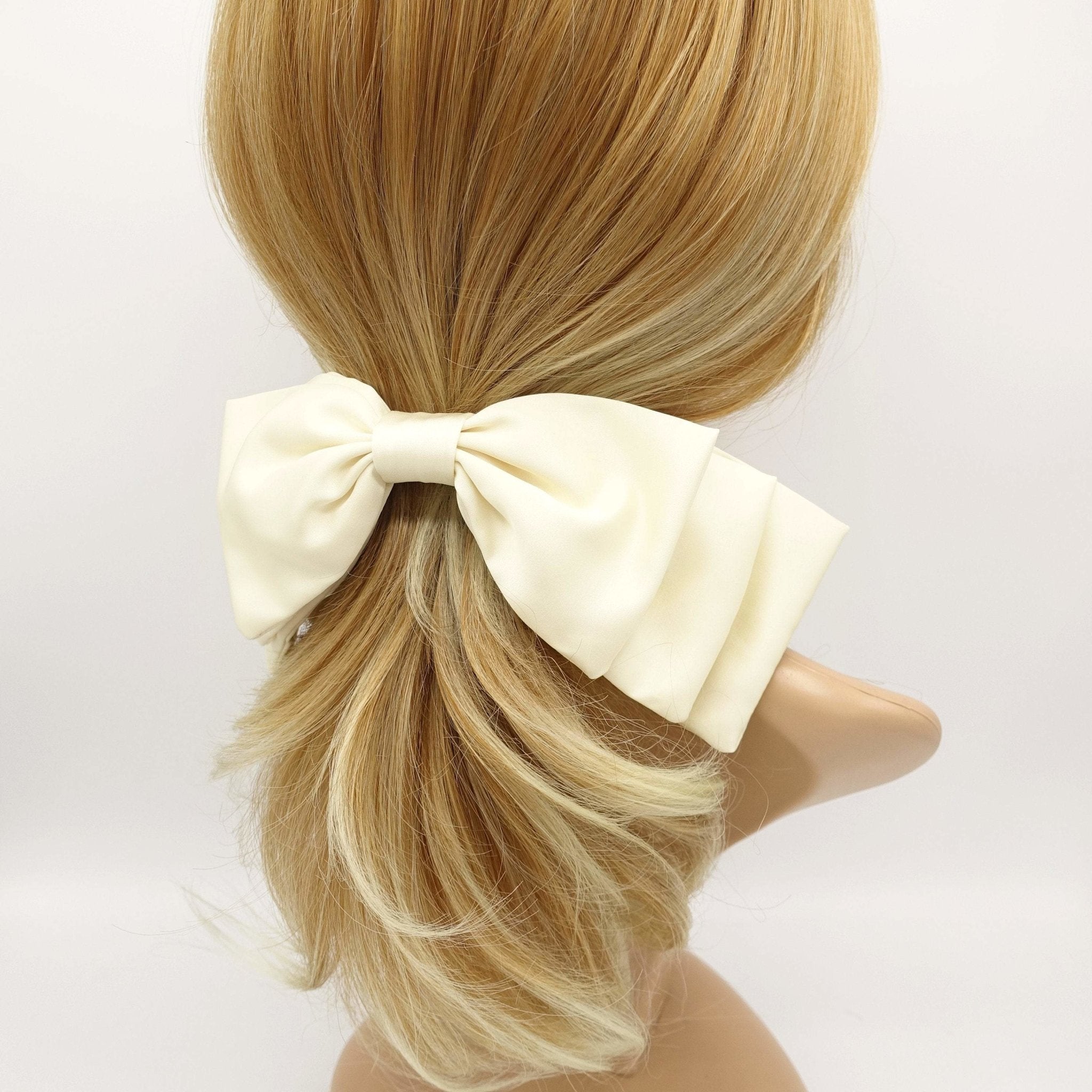 VeryShine claw/banana/barrette Cream white satin double stacked hair bow for women