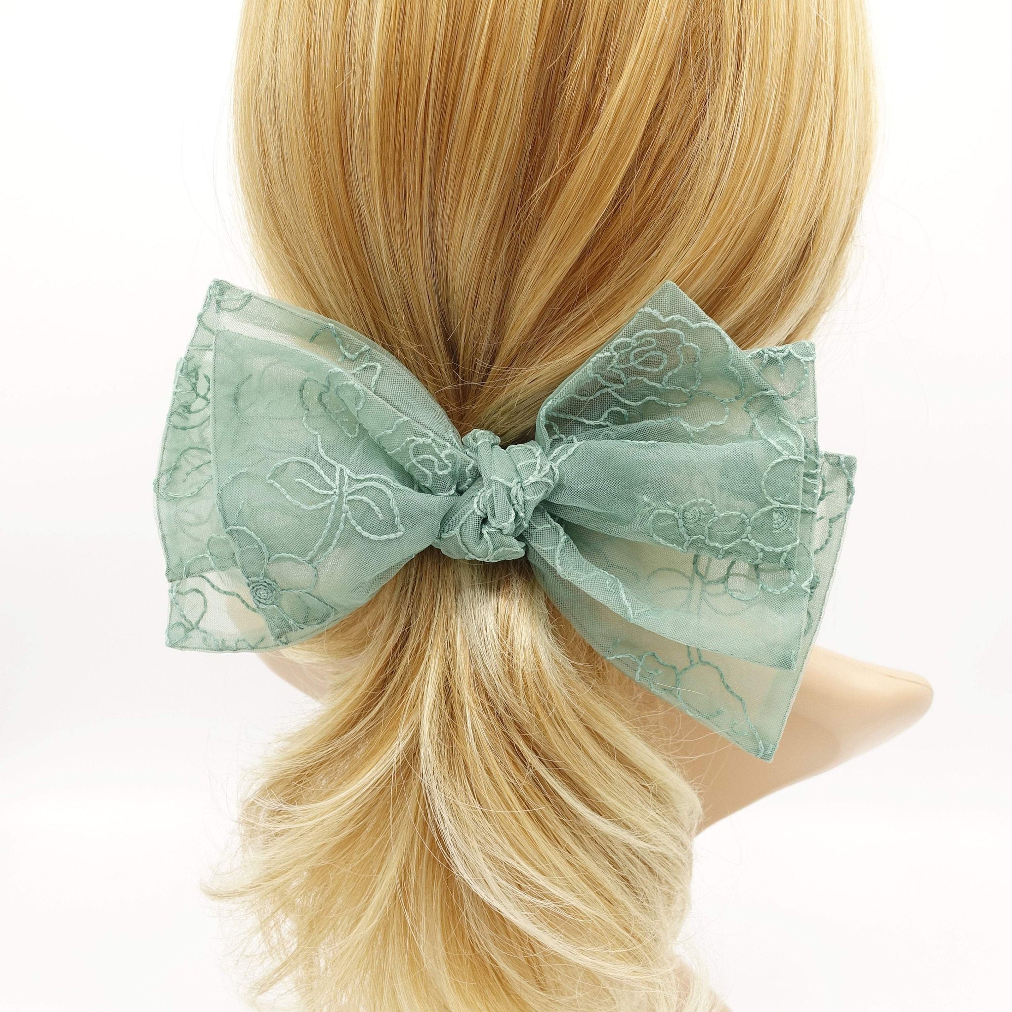 VeryShine claw/banana/barrette flower embroidered organza layered hair bow