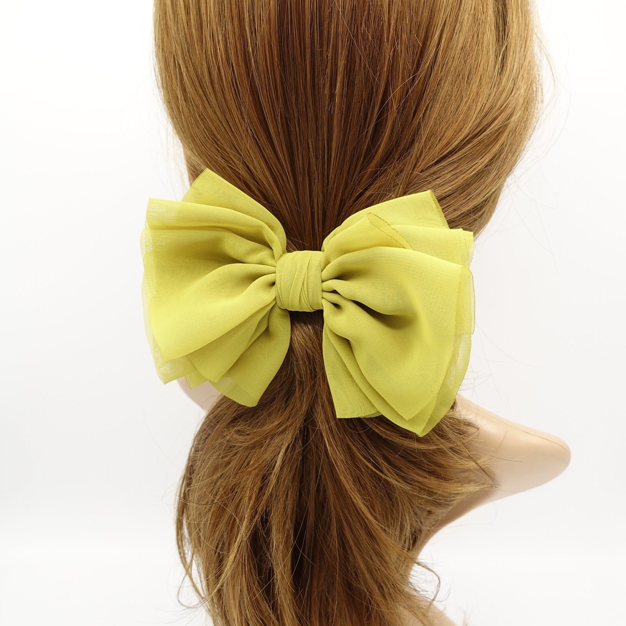 VeryShine claw/banana/barrette Lemon yellow chiffon pleated hair bow multi-layered Spring Summer basic hair bow for women